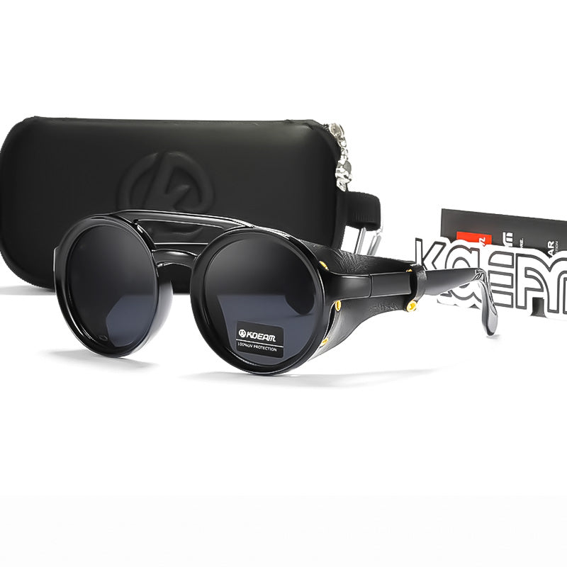 Vintage Round Leather Shield Sunglasses - SPONITA LLC