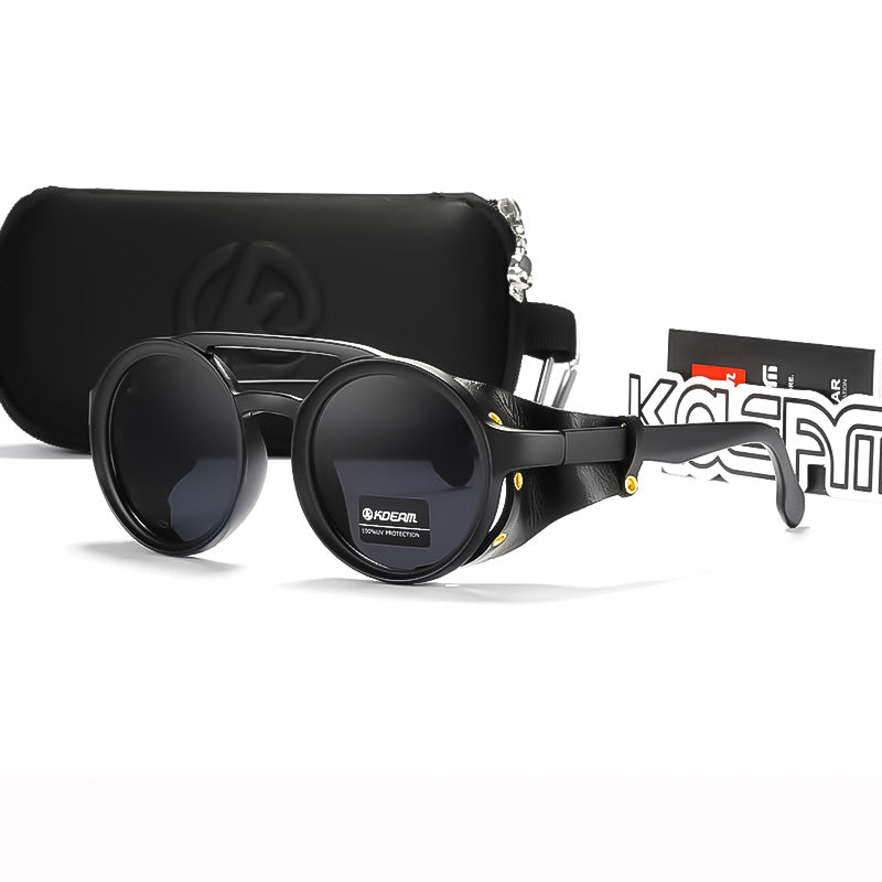 Vintage Round Leather Shield Sunglasses - SPONITA LLC