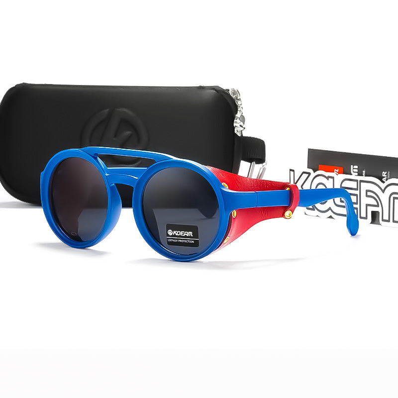 Vintage Round Leather Shield Sunglasses - SPONITA LLC