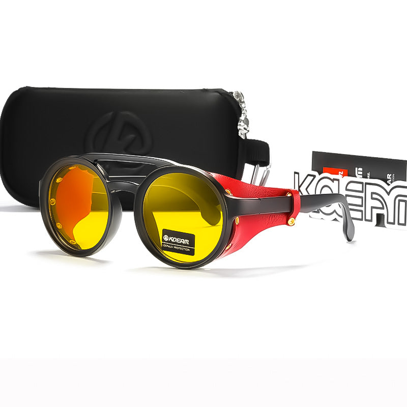 Vintage Round Leather Shield Sunglasses - SPONITA LLC